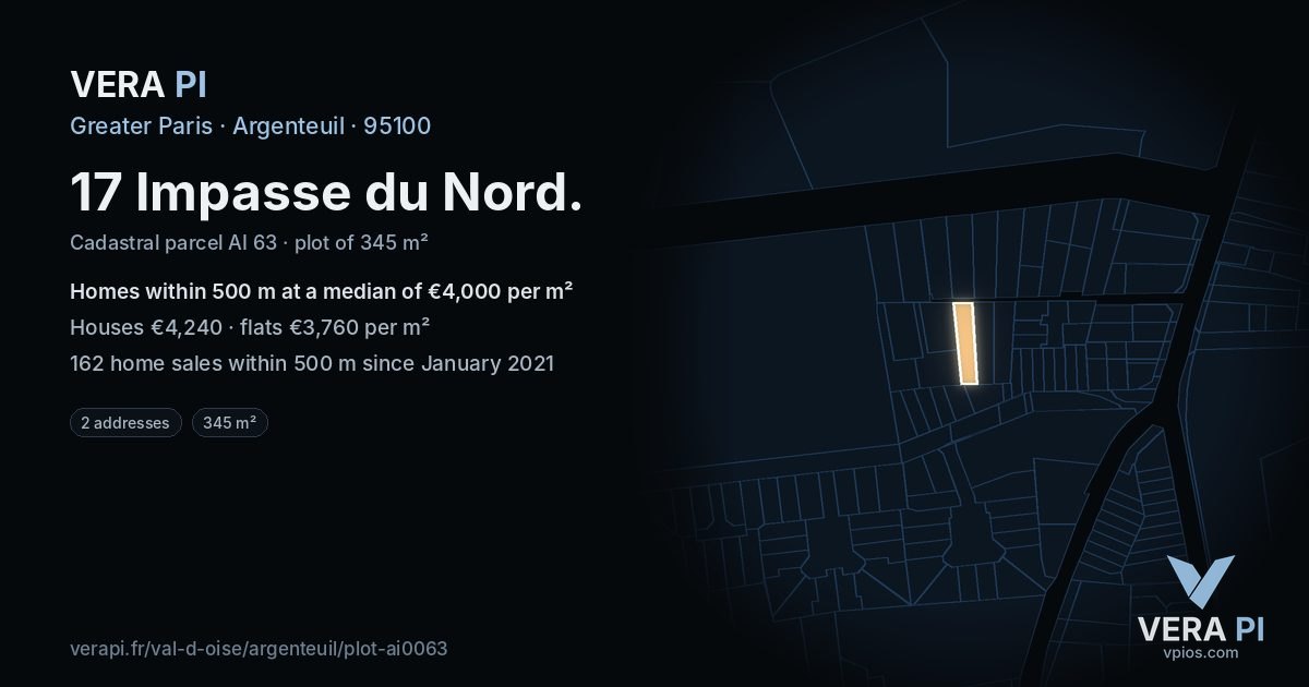 17 Impasse du Nord, Argenteuil at night – the plot lit, the parcels around coloured by the prices near them