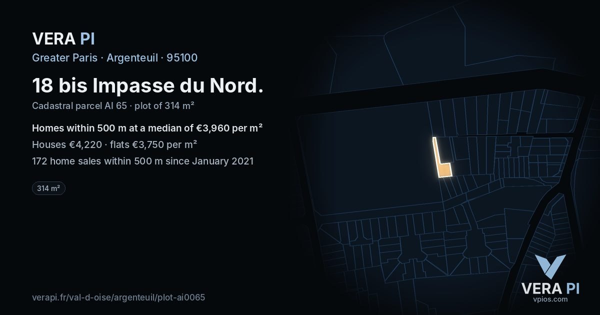 18 bis Impasse du Nord, Argenteuil at night – the plot lit, the parcels around coloured by the prices near them