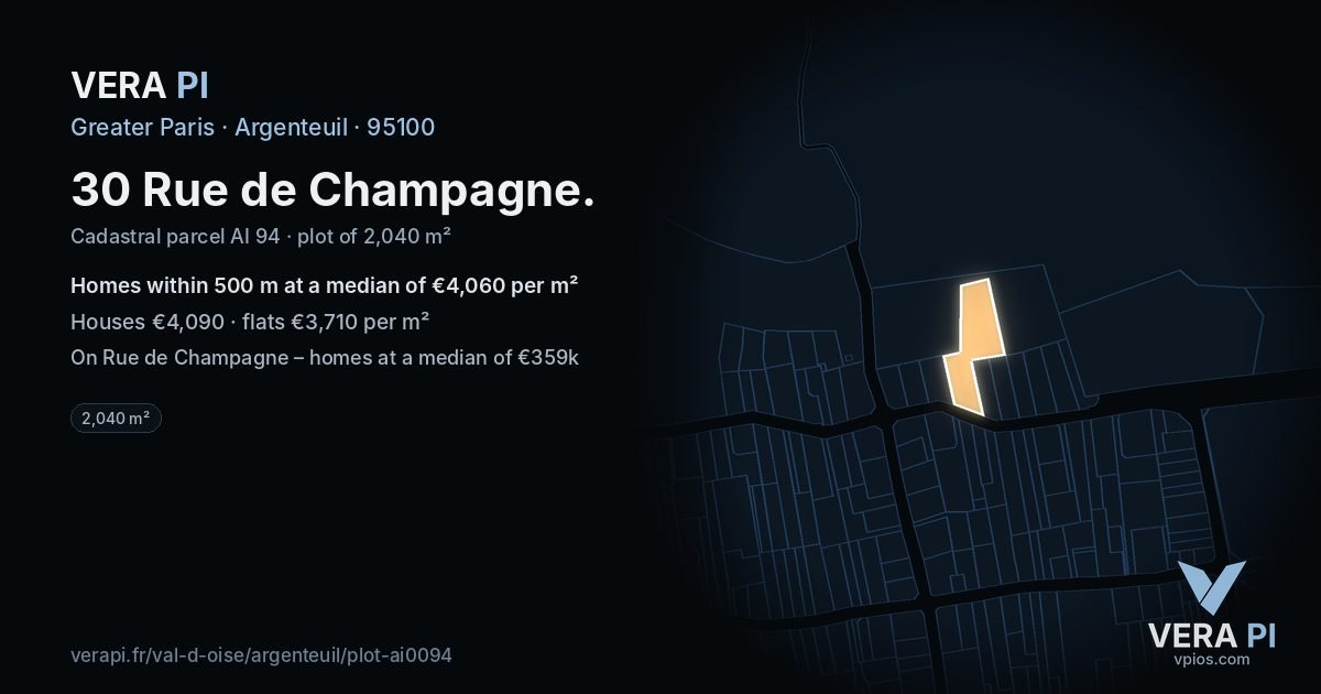 30 Rue de Champagne, Argenteuil at night – the plot lit, the parcels around coloured by the prices near them