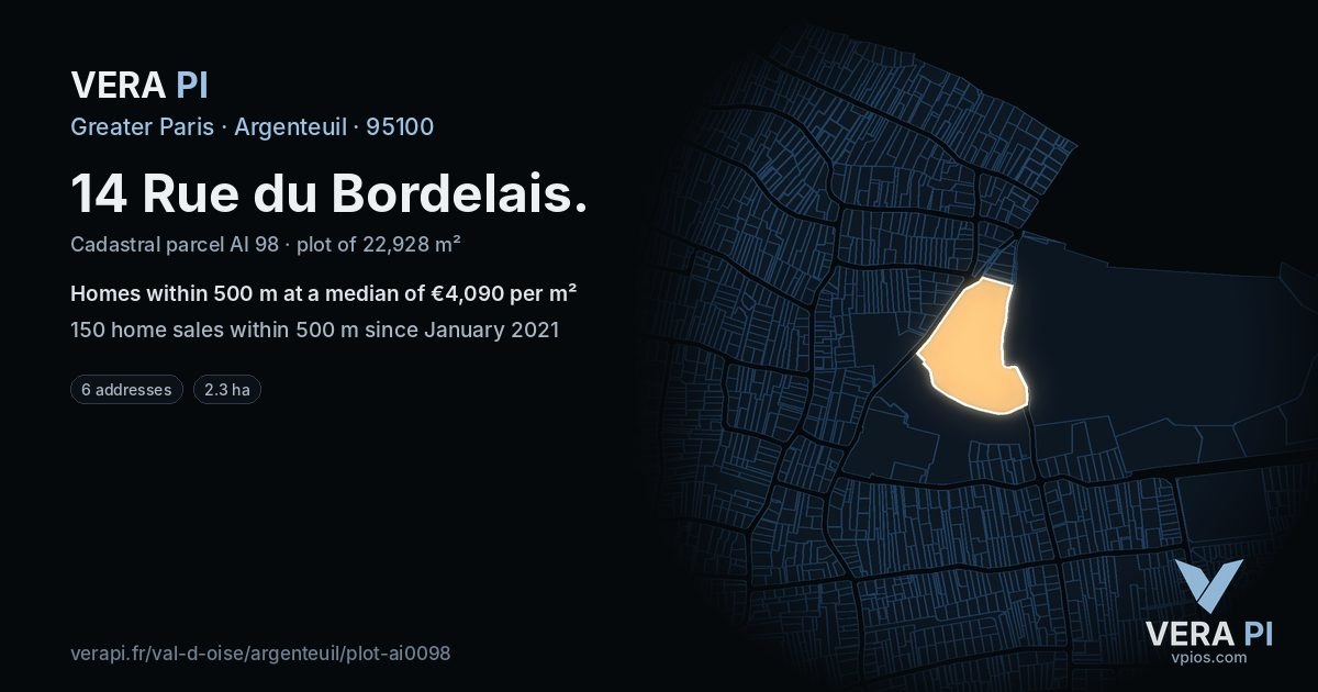14 Rue du Bordelais, Argenteuil at night – the plot lit, the parcels around coloured by the prices near them