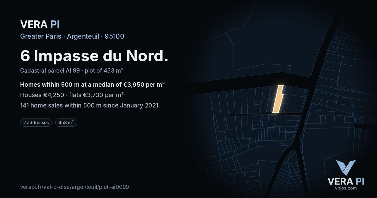 6 Impasse du Nord, Argenteuil at night – the plot lit, the parcels around coloured by the prices near them