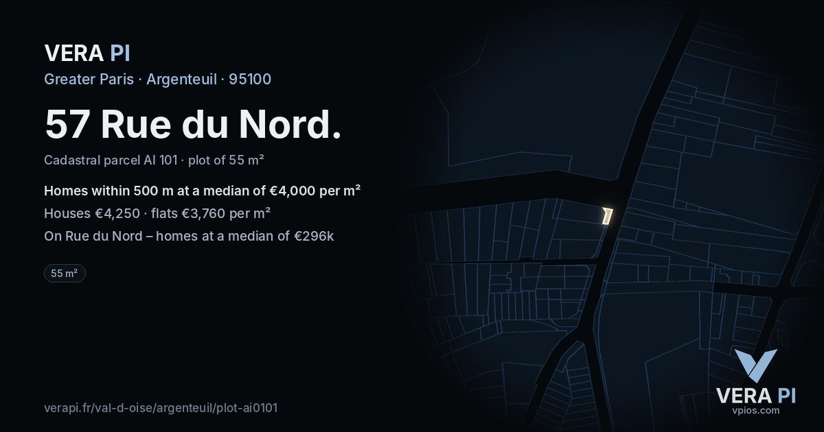 57 Rue du Nord, Argenteuil at night – the plot lit, the parcels around coloured by the prices near them