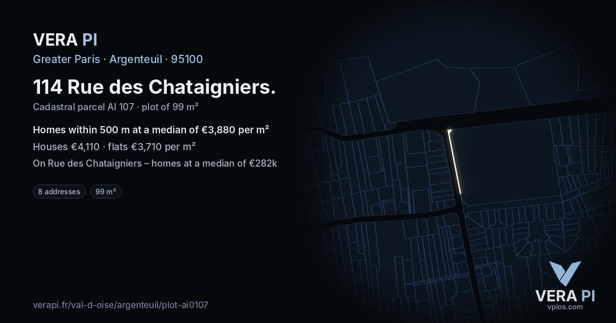 114 Rue des Chataigniers, Argenteuil at night – the plot lit, the parcels around coloured by the prices near them