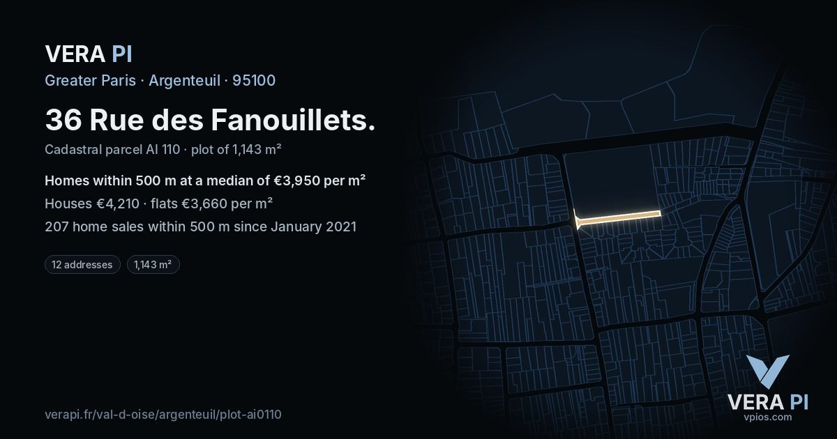 36 Rue des Fanouillets, Argenteuil at night – the plot lit, the parcels around coloured by the prices near them
