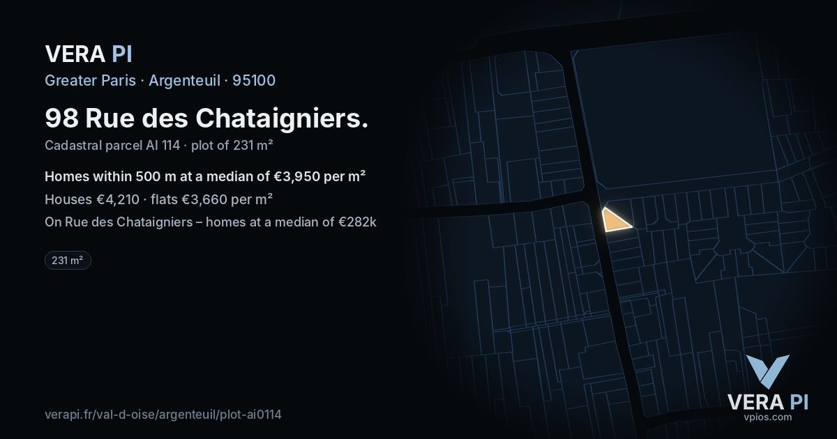 98 Rue des Chataigniers, Argenteuil at night – the plot lit, the parcels around coloured by the prices near them