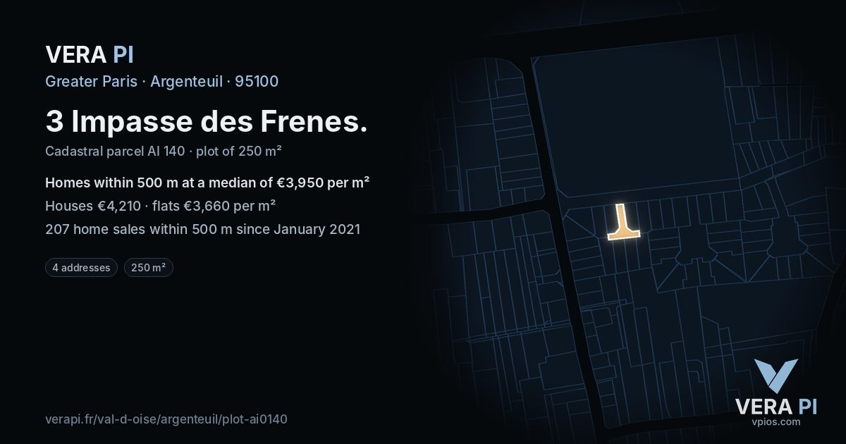 3 Impasse des Frenes, Argenteuil at night – the plot lit, the parcels around coloured by the prices near them
