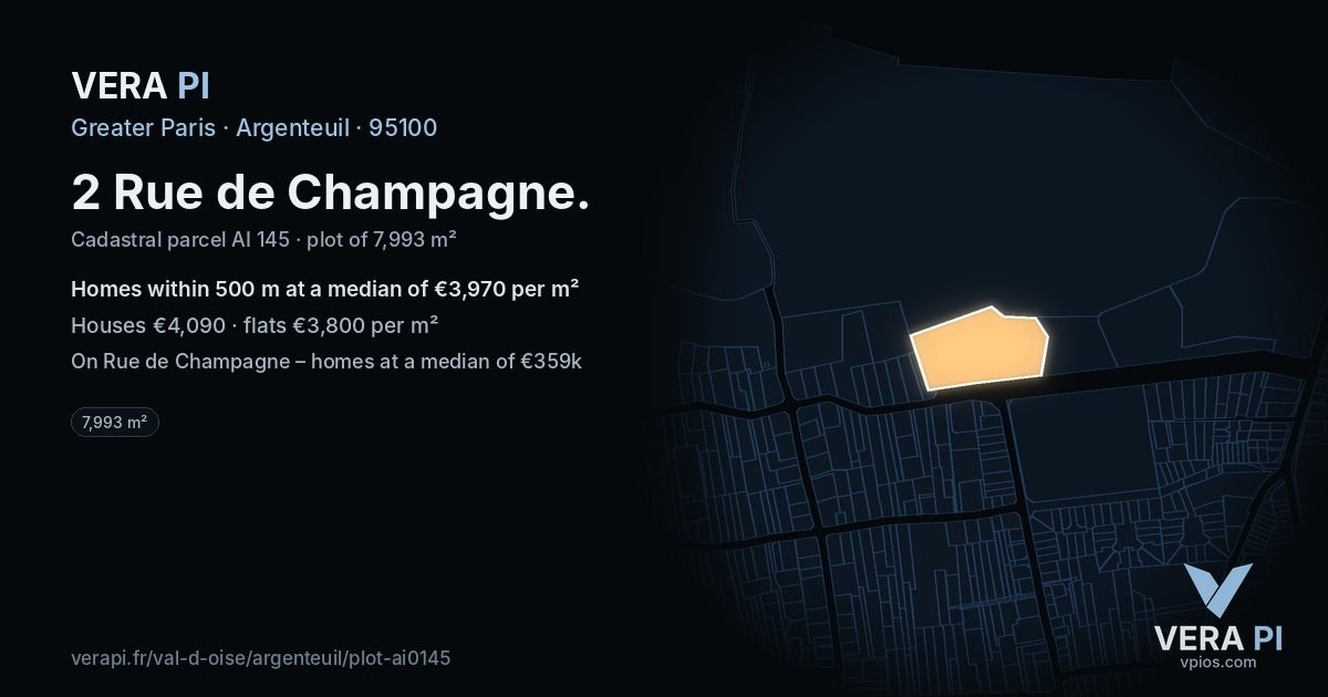 2 Rue de Champagne, Argenteuil at night – the plot lit, the parcels around coloured by the prices near them