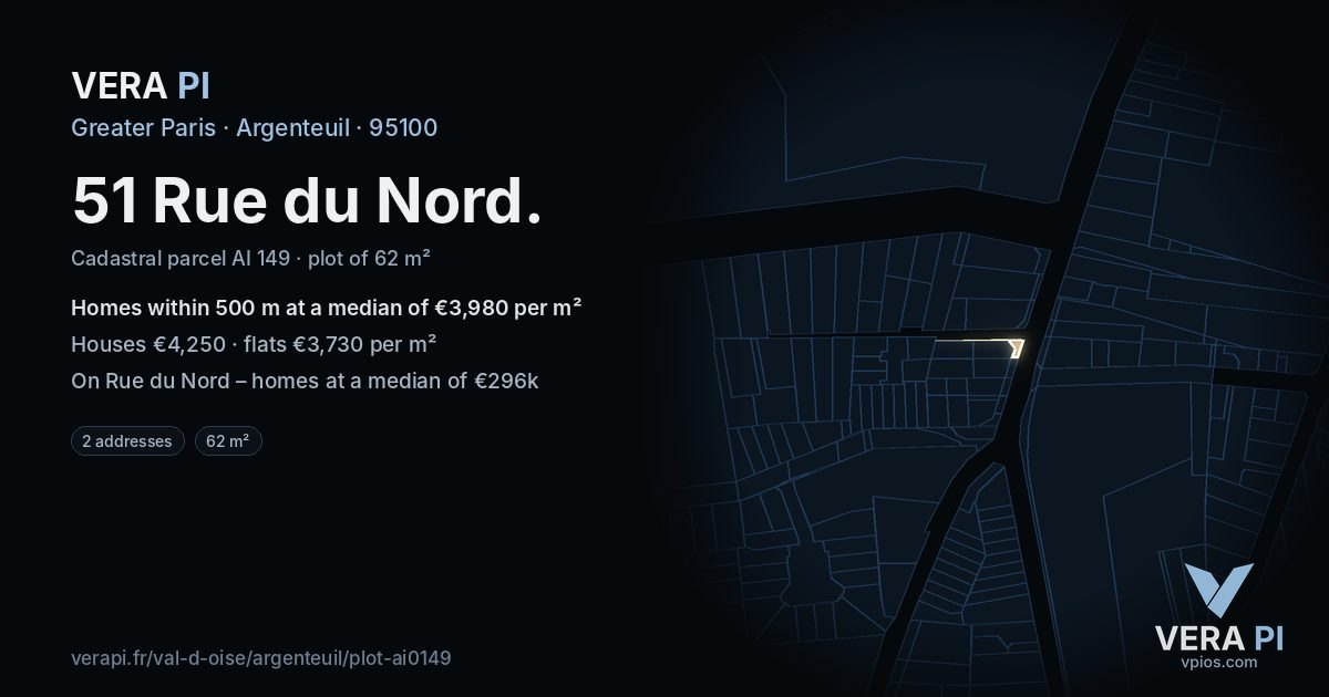 51 Rue du Nord, Argenteuil at night – the plot lit, the parcels around coloured by the prices near them