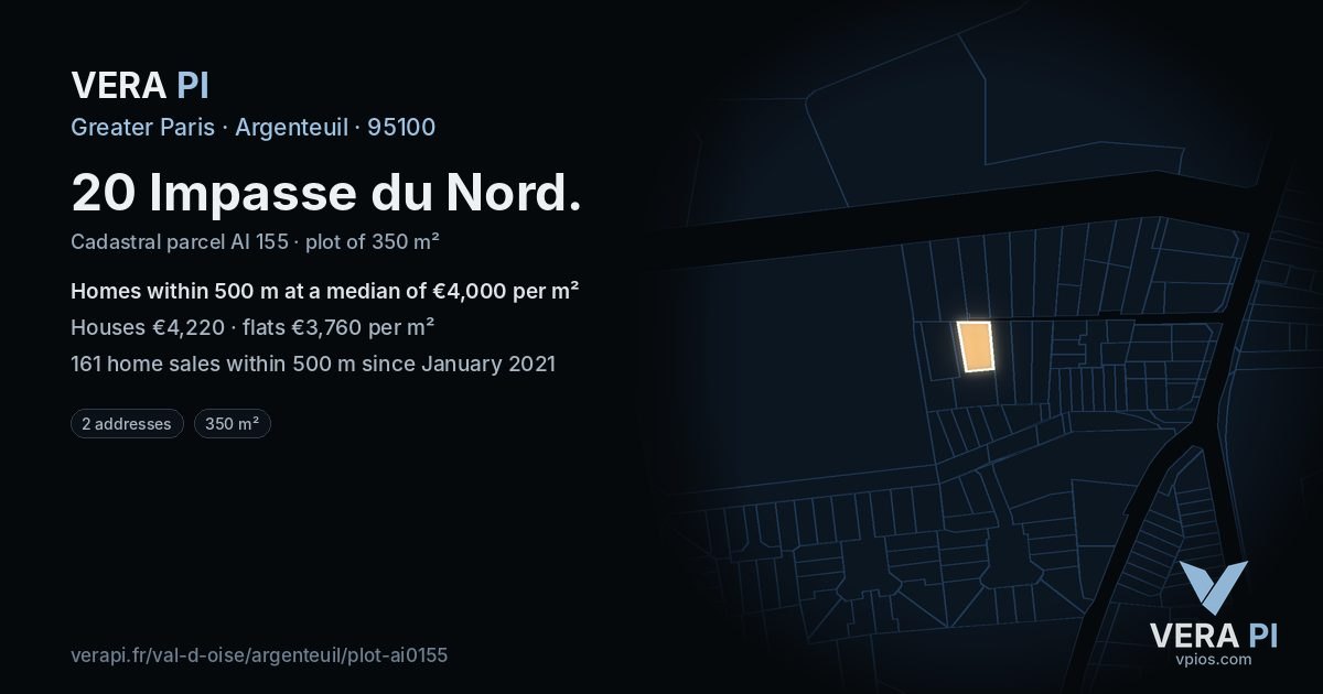 20 Impasse du Nord, Argenteuil at night – the plot lit, the parcels around coloured by the prices near them