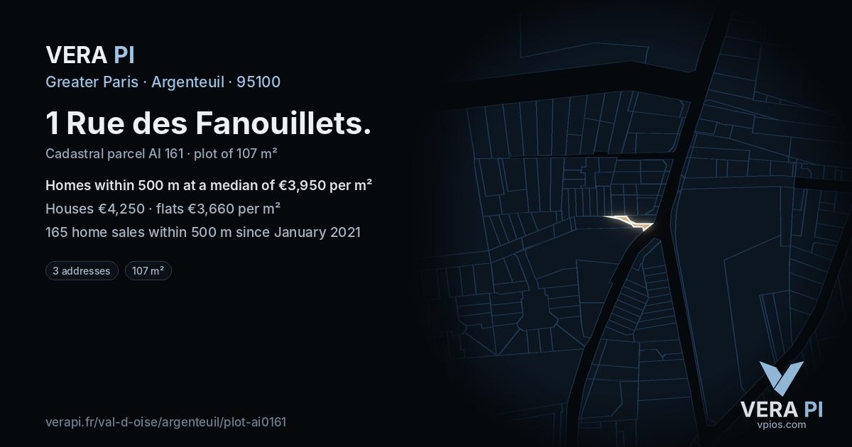 1 Rue des Fanouillets, Argenteuil at night – the plot lit, the parcels around coloured by the prices near them