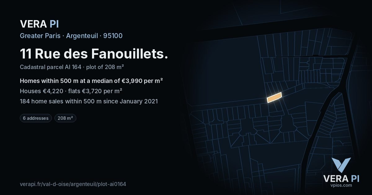 11 Rue des Fanouillets, Argenteuil at night – the plot lit, the parcels around coloured by the prices near them