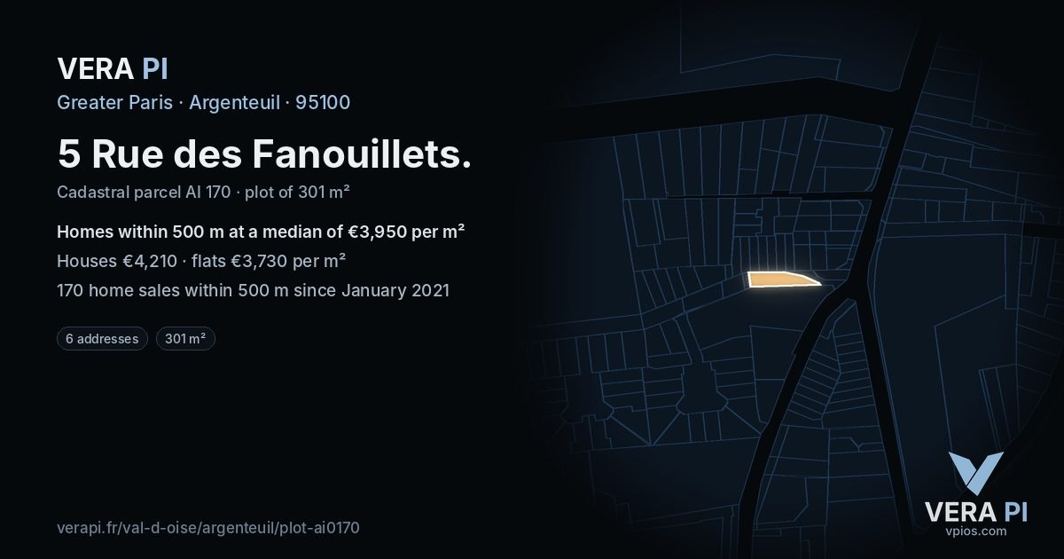 5 Rue des Fanouillets, Argenteuil at night – the plot lit, the parcels around coloured by the prices near them