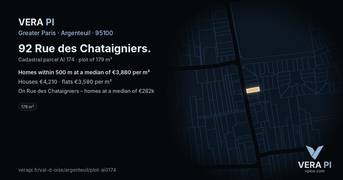 92 Rue des Chataigniers, Argenteuil at night – the plot lit, the parcels around coloured by the prices near them