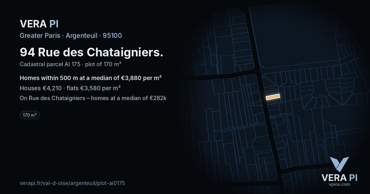 94 Rue des Chataigniers, Argenteuil at night – the plot lit, the parcels around coloured by the prices near them