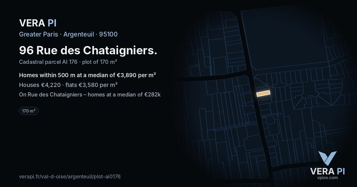 96 Rue des Chataigniers, Argenteuil at night – the plot lit, the parcels around coloured by the prices near them