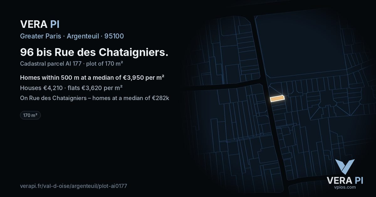 96 bis Rue des Chataigniers, Argenteuil at night – the plot lit, the parcels around coloured by the prices near them