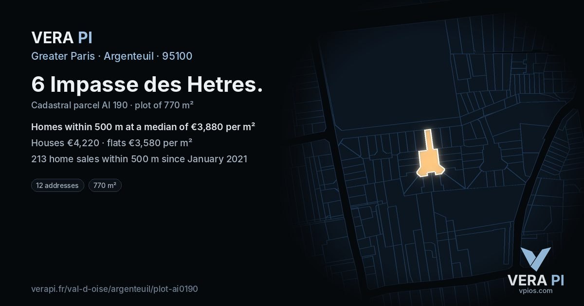6 Impasse des Hetres, Argenteuil at night – the plot lit, the parcels around coloured by the prices near them