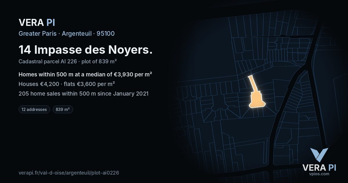 14 Impasse des Noyers, Argenteuil at night – the plot lit, the parcels around coloured by the prices near them
