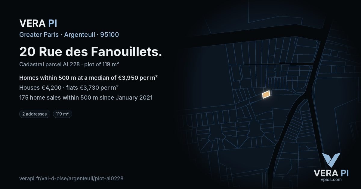 20 Rue des Fanouillets, Argenteuil at night – the plot lit, the parcels around coloured by the prices near them
