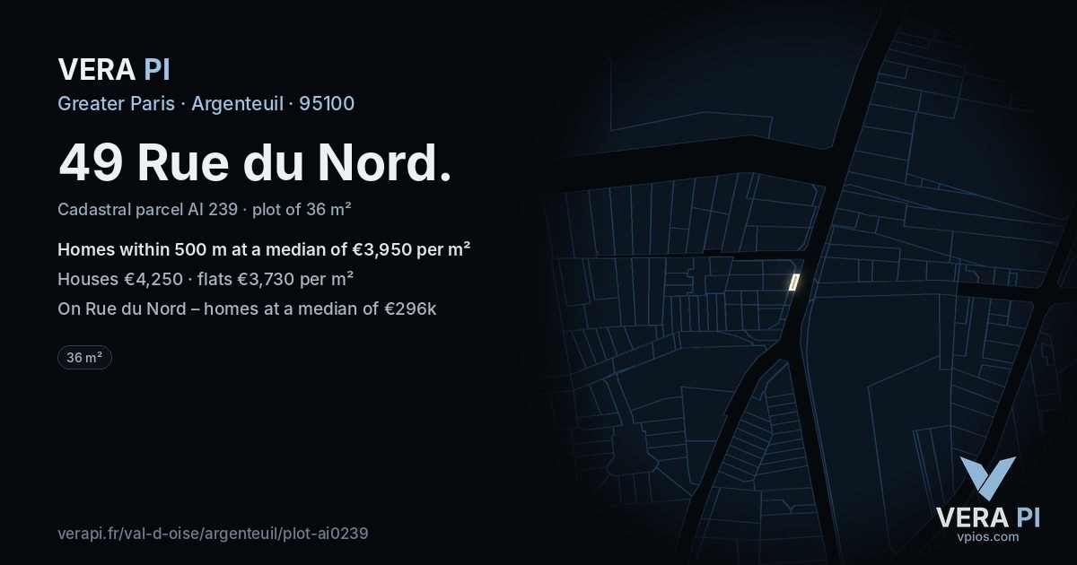 49 Rue du Nord, Argenteuil at night – the plot lit, the parcels around coloured by the prices near them