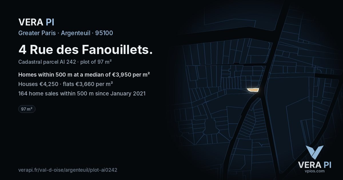 4 Rue des Fanouillets, Argenteuil at night – the plot lit, the parcels around coloured by the prices near them