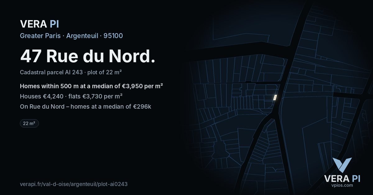 47 Rue du Nord, Argenteuil at night – the plot lit, the parcels around coloured by the prices near them