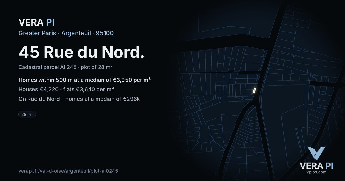 45 Rue du Nord, Argenteuil at night – the plot lit, the parcels around coloured by the prices near them