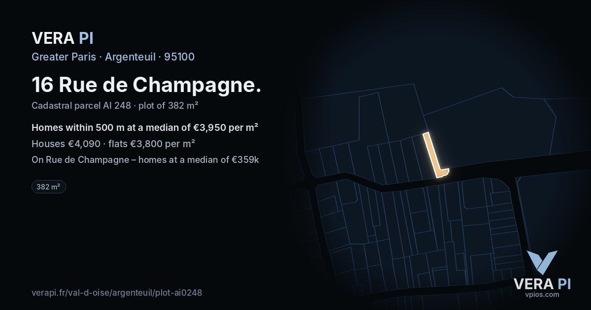 16 Rue de Champagne, Argenteuil at night – the plot lit, the parcels around coloured by the prices near them