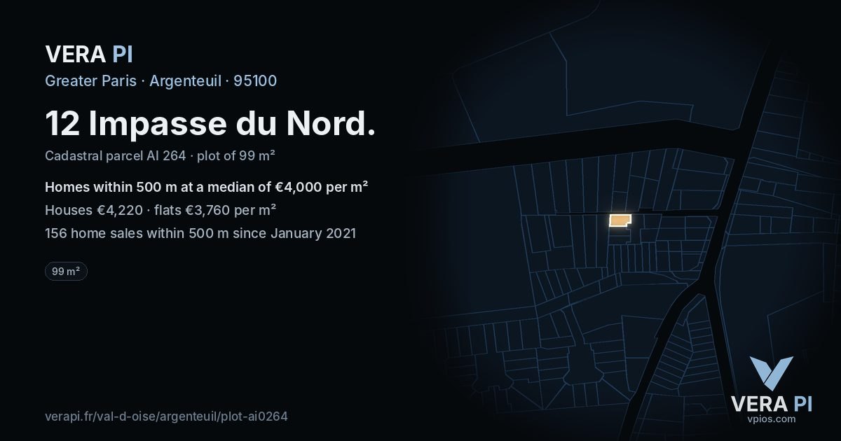 12 Impasse du Nord, Argenteuil at night – the plot lit, the parcels around coloured by the prices near them