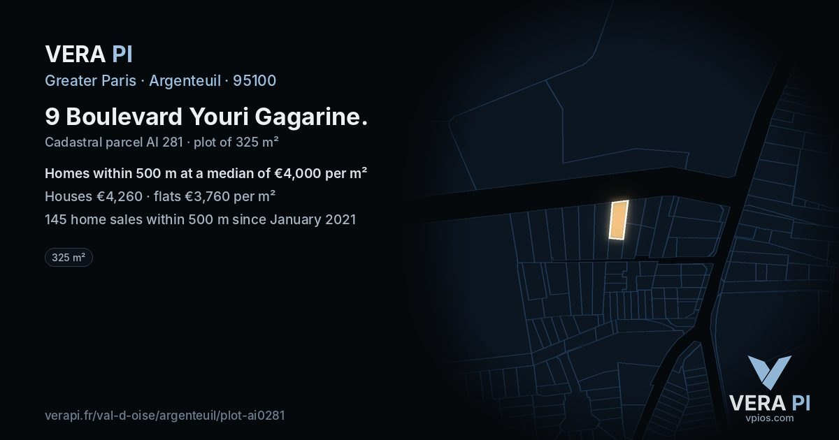 9 Boulevard Youri Gagarine, Argenteuil at night – the plot lit, the parcels around coloured by the prices near them