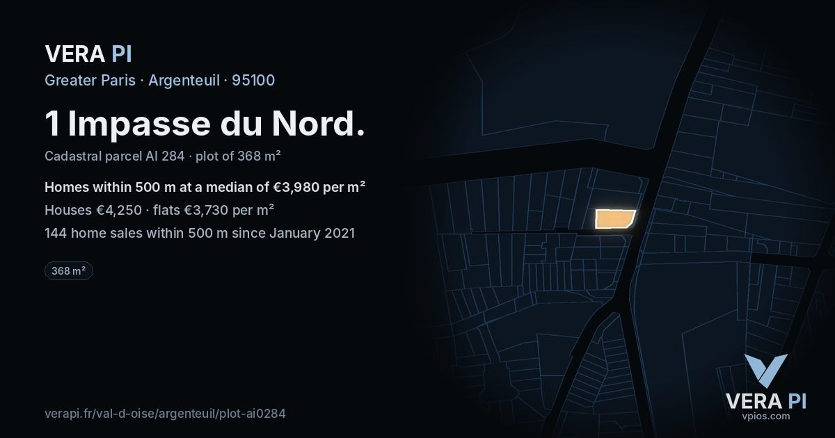 1 Impasse du Nord, Argenteuil at night – the plot lit, the parcels around coloured by the prices near them