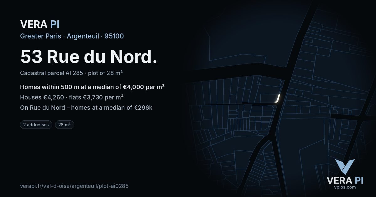 53 Rue du Nord, Argenteuil at night – the plot lit, the parcels around coloured by the prices near them