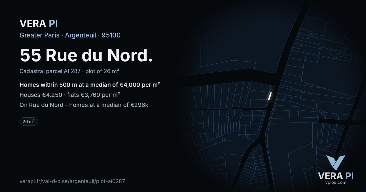55 Rue du Nord, Argenteuil at night – the plot lit, the parcels around coloured by the prices near them