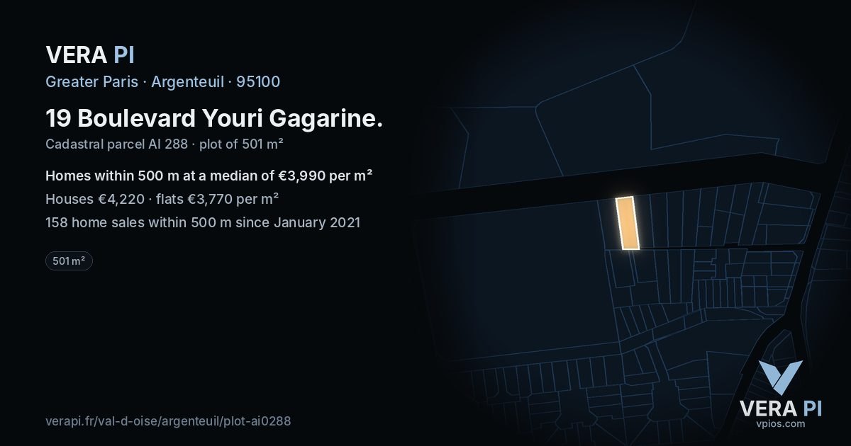 19 Boulevard Youri Gagarine, Argenteuil at night – the plot lit, the parcels around coloured by the prices near them
