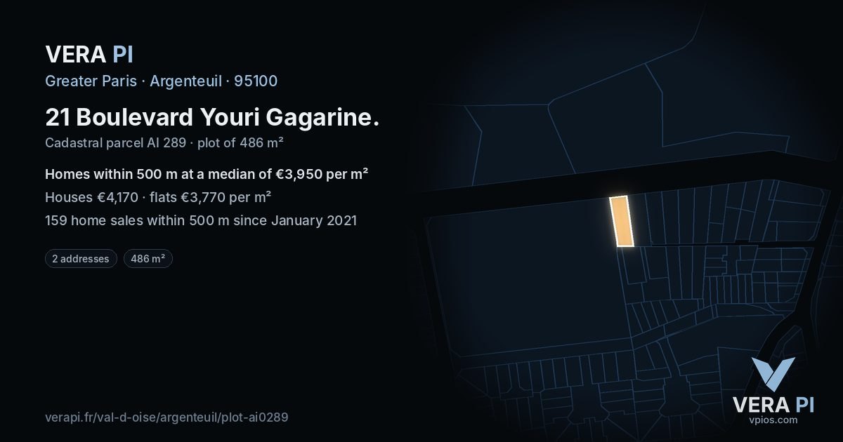 21 Boulevard Youri Gagarine, Argenteuil at night – the plot lit, the parcels around coloured by the prices near them