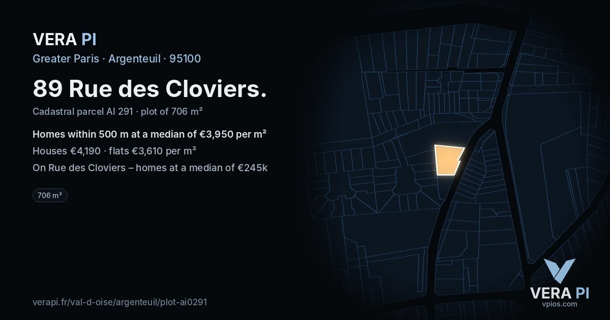 89 Rue des Cloviers, Argenteuil at night – the plot lit, the parcels around coloured by the prices near them