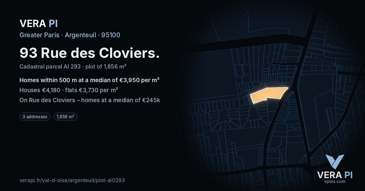 93 Rue des Cloviers, Argenteuil at night – the plot lit, the parcels around coloured by the prices near them