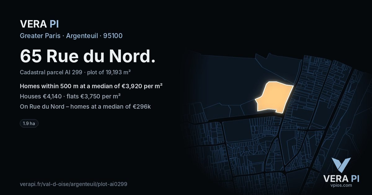 65 Rue du Nord, Argenteuil at night – the plot lit, the parcels around coloured by the prices near them