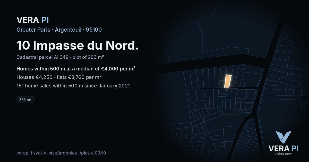 10 Impasse du Nord, Argenteuil at night – the plot lit, the parcels around coloured by the prices near them