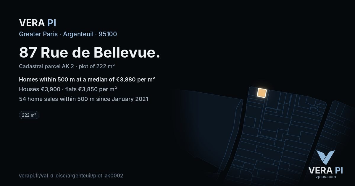 87 Rue de Bellevue, Argenteuil at night – the plot lit, the parcels around coloured by the prices near them