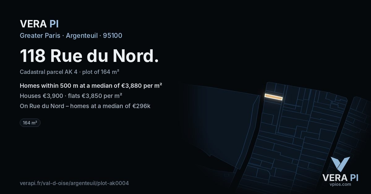 118 Rue du Nord, Argenteuil at night – the plot lit, the parcels around coloured by the prices near them