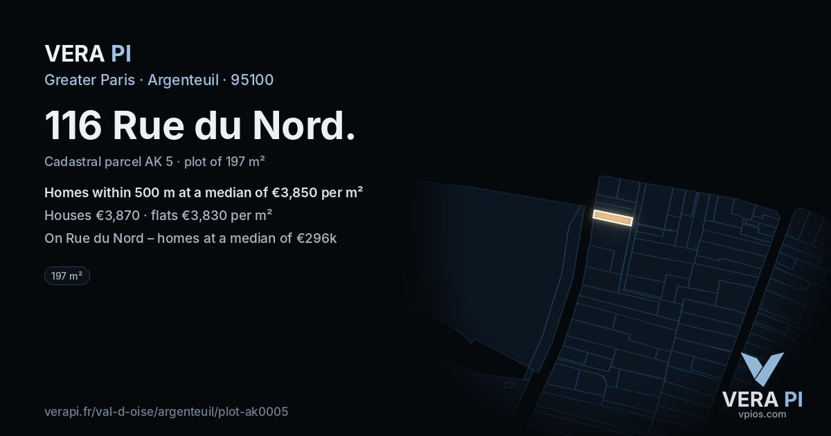 116 Rue du Nord, Argenteuil at night – the plot lit, the parcels around coloured by the prices near them