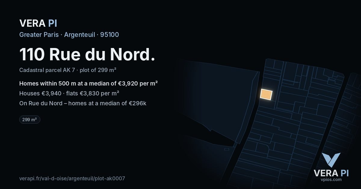 110 Rue du Nord, Argenteuil at night – the plot lit, the parcels around coloured by the prices near them