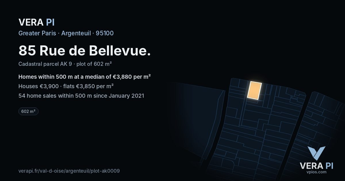 85 Rue de Bellevue, Argenteuil at night – the plot lit, the parcels around coloured by the prices near them