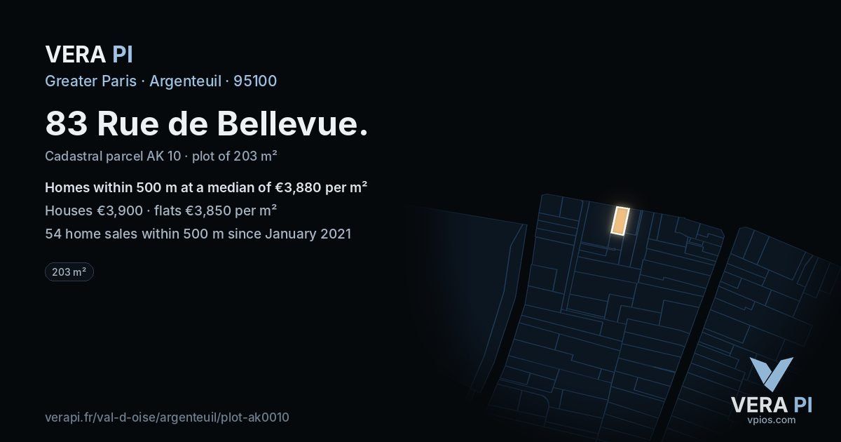 83 Rue de Bellevue, Argenteuil at night – the plot lit, the parcels around coloured by the prices near them