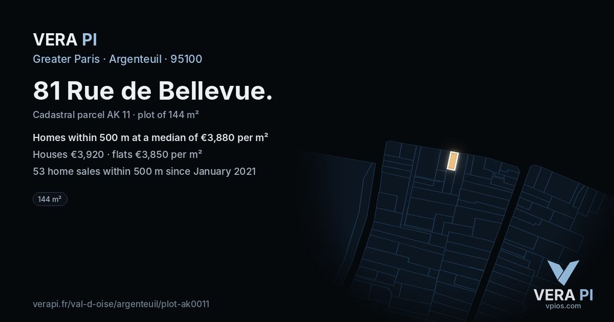 81 Rue de Bellevue, Argenteuil at night – the plot lit, the parcels around coloured by the prices near them