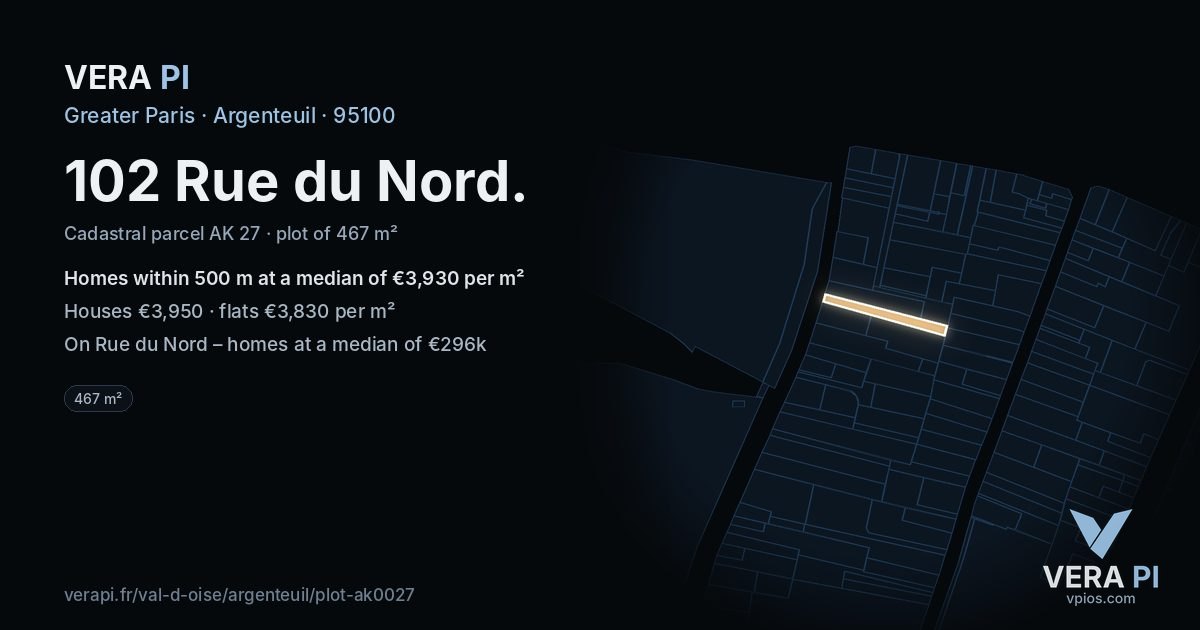 102 Rue du Nord, Argenteuil at night – the plot lit, the parcels around coloured by the prices near them