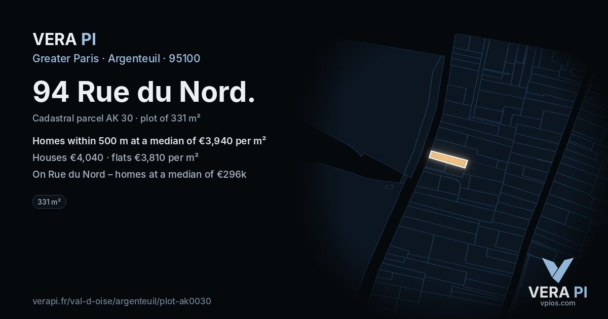 94 Rue du Nord, Argenteuil at night – the plot lit, the parcels around coloured by the prices near them