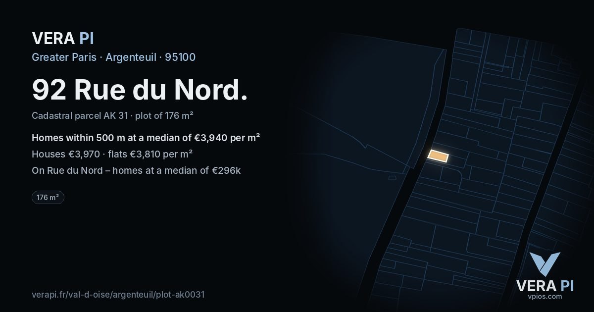 92 Rue du Nord, Argenteuil at night – the plot lit, the parcels around coloured by the prices near them