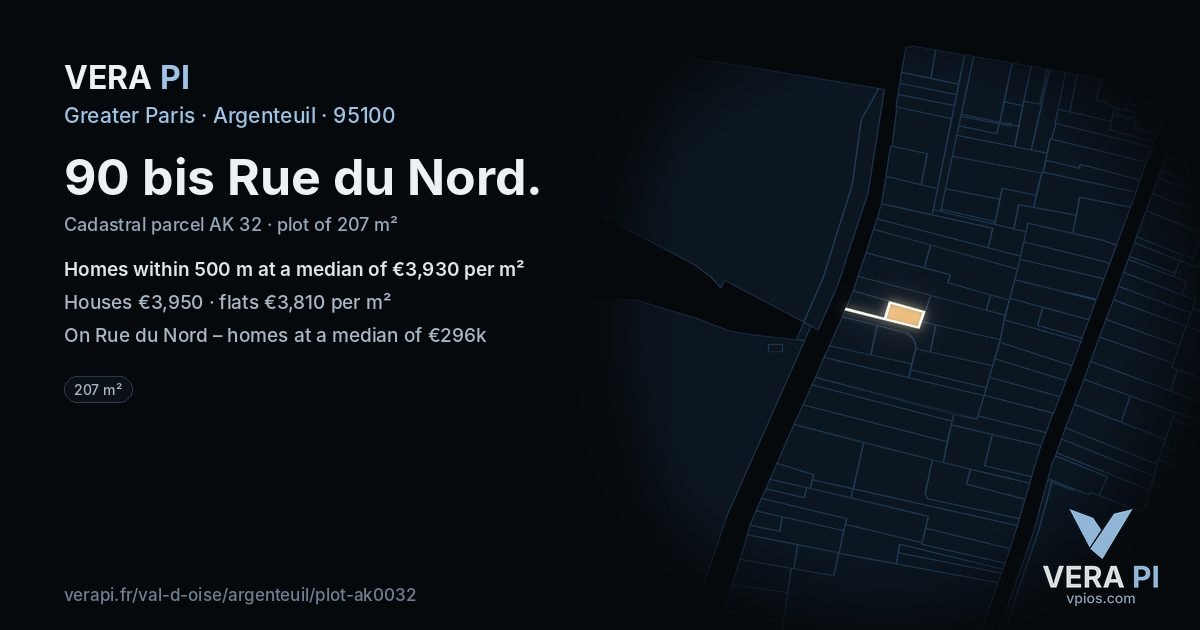 90 bis Rue du Nord, Argenteuil at night – the plot lit, the parcels around coloured by the prices near them